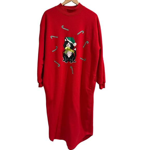 VTG Claudia Barnes Christmas Cat Candy Cane Sweatshirt Gown Sleep Dress - Picture 1 of 6